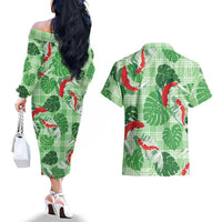 Lime Palaka Hawaii Aloha Couples Matching Off The Shoulder Long Sleeve Dress and Hawaiian Shirt Koi Pond Mix Monstera LT7 - Polynesian Pride