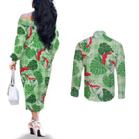 Lime Palaka Hawaii Aloha Couples Matching Off The Shoulder Long Sleeve Dress and Long Sleeve Button Shirt Koi Pond Mix Monstera LT7 - Polynesian Pride