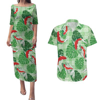 Lime Palaka Hawaii Aloha Couples Matching Puletasi and Hawaiian Shirt Koi Pond Mix Monstera - Polynesian Pride