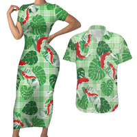 Lime Palaka Hawaii Aloha Couples Matching Short Sleeve Bodycon Dress and Hawaiian Shirt Koi Pond Mix Monstera LT7 Lime Green - Polynesian Pride