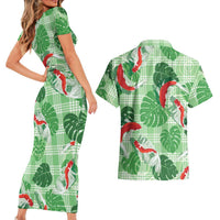 Lime Palaka Hawaii Aloha Couples Matching Short Sleeve Bodycon Dress and Hawaiian Shirt Koi Pond Mix Monstera LT7 - Polynesian Pride
