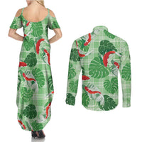 Lime Palaka Hawaii Aloha Couples Matching Summer Maxi Dress and Long Sleeve Button Shirt Koi Pond Mix Monstera - Polynesian Pride