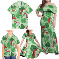 Lime Palaka Hawaii Aloha Family Matching Off Shoulder Maxi Dress and Hawaiian Shirt Koi Pond Mix Monstera LT7 - Polynesian Pride