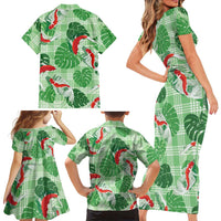 Lime Palaka Hawaii Aloha Family Matching Short Sleeve Bodycon Dress and Hawaiian Shirt Koi Pond Mix Monstera LT7 - Polynesian Pride
