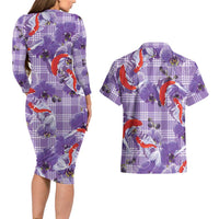 Lavender Palaka Hawaii Aloha Couples Matching Long Sleeve Bodycon Dress and Hawaiian Shirt Koi Pond Mix Orchids LT7 - Polynesian Pride