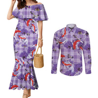 Lavender Palaka Hawaii Aloha Couples Matching Mermaid Dress and Long Sleeve Button Shirt Koi Pond Mix Orchids LT7 Purple - Polynesian Pride