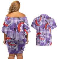 Lavender Palaka Hawaii Aloha Couples Matching Off Shoulder Short Dress and Hawaiian Shirt Koi Pond Mix Orchids LT7 - Polynesian Pride