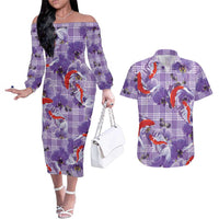 Lavender Palaka Hawaii Aloha Couples Matching Off The Shoulder Long Sleeve Dress and Hawaiian Shirt Koi Pond Mix Orchids LT7 Purple - Polynesian Pride