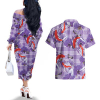 Lavender Palaka Hawaii Aloha Couples Matching Off The Shoulder Long Sleeve Dress and Hawaiian Shirt Koi Pond Mix Orchids LT7 - Polynesian Pride