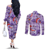 Lavender Palaka Hawaii Aloha Couples Matching Off The Shoulder Long Sleeve Dress and Long Sleeve Button Shirt Koi Pond Mix Orchids LT7 - Polynesian Pride