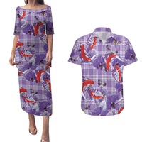 Lavender Palaka Hawaii Aloha Couples Matching Puletasi and Hawaiian Shirt Koi Pond Mix Orchids - Polynesian Pride
