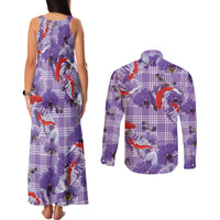 Lavender Palaka Hawaii Aloha Couples Matching Tank Maxi Dress and Long Sleeve Button Shirt Koi Pond Mix Orchids LT7 - Polynesian Pride