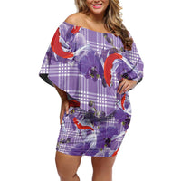 Lavender Palaka Hawaii Aloha Family Matching Off Shoulder Short Dress and Hawaiian Shirt Koi Pond Mix Orchids LT7 Purple - Polynesian Pride