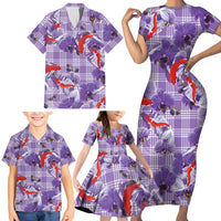 Lavender Palaka Hawaii Aloha Family Matching Short Sleeve Bodycon Dress and Hawaiian Shirt Koi Pond Mix Orchids LT7 - Polynesian Pride