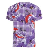 Lavender Palaka Hawaii Aloha Women V-Neck T-Shirt Koi Pond Mix Orchids - Polynesian Pride