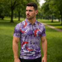 Lavender Palaka Hawaii Aloha Zipper Polo Shirt Koi Pond Mix Orchids - Polynesian Pride