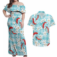 Turquoise Palaka Hawaii Aloha Couples Matching Off Shoulder Maxi Dress and Hawaiian Shirt Koi Pond Mix Plumeria LT7 Turquoise - Polynesian Pride