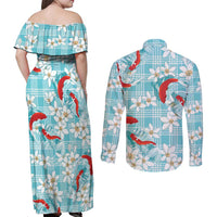 Turquoise Palaka Hawaii Aloha Couples Matching Off Shoulder Maxi Dress and Long Sleeve Button Shirt Koi Pond Mix Plumeria LT7 - Polynesian Pride