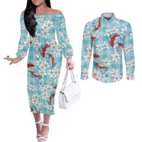 Turquoise Palaka Hawaii Aloha Couples Matching Off The Shoulder Long Sleeve Dress and Long Sleeve Button Shirt Koi Pond Mix Plumeria LT7 Turquoise - Polynesian Pride