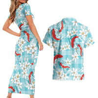 Turquoise Palaka Hawaii Aloha Couples Matching Short Sleeve Bodycon Dress and Hawaiian Shirt Koi Pond Mix Plumeria LT7 - Polynesian Pride