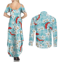 Turquoise Palaka Hawaii Aloha Couples Matching Summer Maxi Dress and Long Sleeve Button Shirt Koi Pond Mix Plumeria LT7 - Polynesian Pride