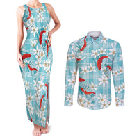 Turquoise Palaka Hawaii Aloha Couples Matching Tank Maxi Dress and Long Sleeve Button Shirt Koi Pond Mix Plumeria LT7 Turquoise - Polynesian Pride