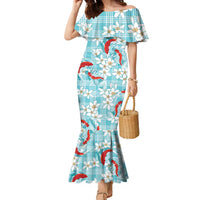 Turquoise Palaka Hawaii Aloha Family Matching Mermaid Dress and Hawaiian Shirt Koi Pond Mix Plumeria LT7 Turquoise - Polynesian Pride