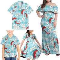 Turquoise Palaka Hawaii Aloha Family Matching Off Shoulder Maxi Dress and Hawaiian Shirt Koi Pond Mix Plumeria LT7 - Polynesian Pride