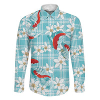 Turquoise Palaka Hawaii Aloha Family Matching Off Shoulder Short Dress and Hawaiian Shirt Koi Pond Mix Plumeria LT7 Dad's Shirt - Long Sleeve Turquoise - Polynesian Pride