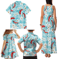 Turquoise Palaka Hawaii Aloha Family Matching Tank Maxi Dress and Hawaiian Shirt Koi Pond Mix Plumeria LT7 - Polynesian Pride