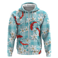 Turquoise Palaka Hawaii Aloha Hoodie Koi Pond Mix Plumeria - Polynesian Pride