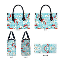 Turquoise Palaka Hawaii Aloha Leather Bag Koi Pond Mix Plumeria - Polynesian Pride
