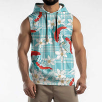 Turquoise Palaka Hawaii Aloha Sleeveless Hoodie Koi Pond Mix Plumeria - Polynesian Pride