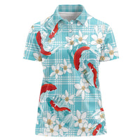 Turquoise Palaka Hawaii Aloha Women Polo Shirt Koi Pond Mix Plumeria LT7 Female Turquoise - Polynesian Pride