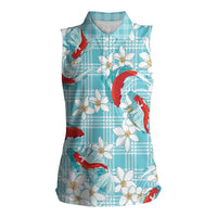 Turquoise Palaka Hawaii Aloha Women Sleeveless Polo Shirt Koi Pond Mix Plumeria LT7 Female Turquoise - Polynesian Pride