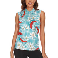 Turquoise Palaka Hawaii Aloha Women Sleeveless Polo Shirt Koi Pond Mix Plumeria LT7 - Polynesian Pride