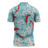 Turquoise Palaka Hawaii Aloha Zipper Polo Shirt Koi Pond Mix Plumeria - Polynesian Pride