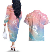 Aloha Hawaii Floral Tapa Couples Matching Off The Shoulder Long Sleeve Dress and Hawaiian Shirt Patchwork Pastel Candy LT7 - Polynesian Pride