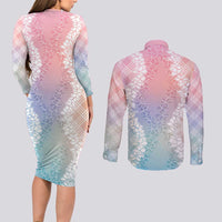 Hawaii Aloha Plumeria Lei Pastel Candy Palaka Couples Matching Long Sleeve Bodycon Dress and Long Sleeve Button Shirt LT7 - Polynesian Pride