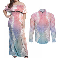 Hawaii Aloha Plumeria Lei Pastel Candy Palaka Couples Matching Off Shoulder Maxi Dress and Long Sleeve Button Shirt LT7 Pastel - Polynesian Pride