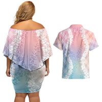Hawaii Aloha Plumeria Lei Pastel Candy Palaka Couples Matching Off Shoulder Short Dress and Hawaiian Shirt LT7 - Polynesian Pride