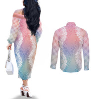 Hawaii Aloha Plumeria Lei Pastel Candy Palaka Couples Matching Off The Shoulder Long Sleeve Dress and Long Sleeve Button Shirt LT7 - Polynesian Pride