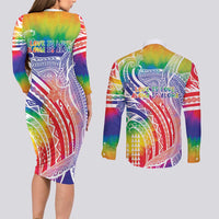 Aloha Pride Rainbow Tie Dye Couples Matching Long Sleeve Bodycon Dress and Long Sleeve Button Shirt Humpback Whale - Love is Love LT7 - Polynesian Pride