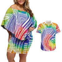 Aloha Pride Rainbow Tie Dye Couples Matching Off Shoulder Short Dress and Hawaiian Shirt Humpback Whale - Love is Love LT7 Colorful - Polynesian Pride