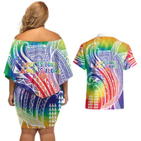 Aloha Pride Rainbow Tie Dye Couples Matching Off Shoulder Short Dress and Hawaiian Shirt Humpback Whale - Love is Love LT7 - Polynesian Pride