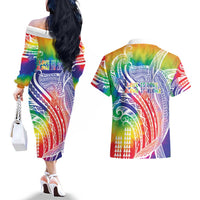 Aloha Pride Rainbow Tie Dye Couples Matching Off The Shoulder Long Sleeve Dress and Hawaiian Shirt Humpback Whale - Love is Love LT7 - Polynesian Pride