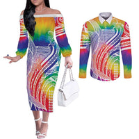 Aloha Pride Rainbow Tie Dye Couples Matching Off The Shoulder Long Sleeve Dress and Long Sleeve Button Shirt Humpback Whale - Love is Love LT7 Colorful - Polynesian Pride