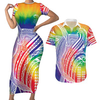 Aloha Pride Rainbow Tie Dye Couples Matching Short Sleeve Bodycon Dress and Hawaiian Shirt Humpback Whale - Love is Love LT7 Colorful - Polynesian Pride