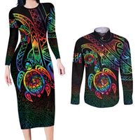 Hawaii Pride Couples Matching Long Sleeve Bodycon Dress and Long Sleeve Button Shirt Rainbow Swirls