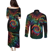 Hawaii Pride Couples Matching Puletasi and Long Sleeve Button Shirt Rainbow Swirls